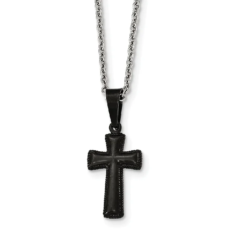 Ladies necklaces sleek strands -Small Black Plated Pillow Cross Necklace in Stainless Steel, 16 Inch