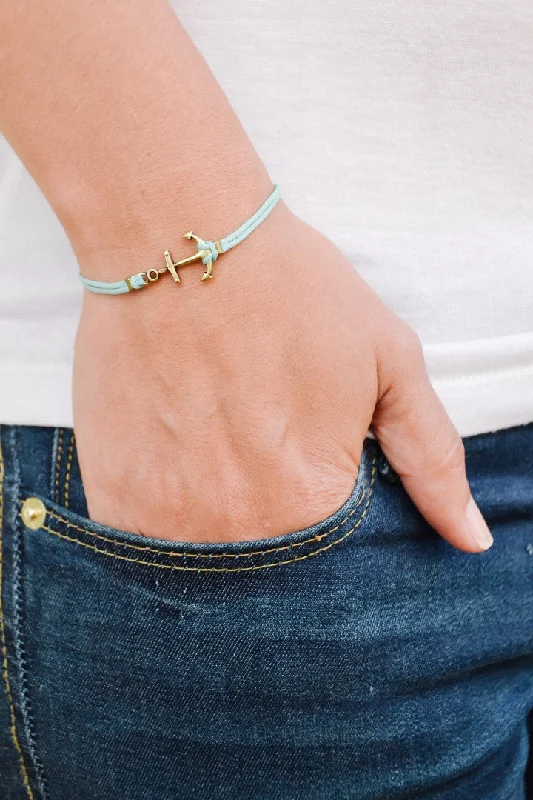 Ladies bracelets artsy bands -Cord bracelet with a bronze tone anchor charm, turquoise string, gift wrapped handmade