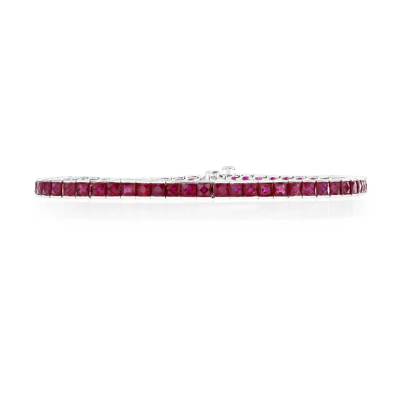 Ladies bracelets tarnish-free silver -Channel-Set Square Ruby 7-Inch Line Bracelet