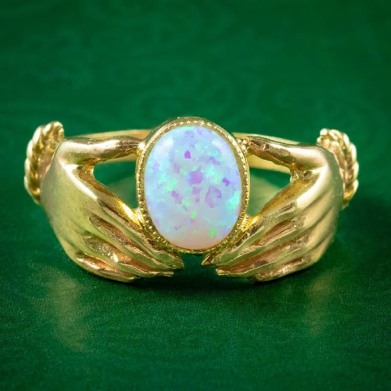 ladies-white-gold-halo-rings-Edwardian Style Opal Hand Ring