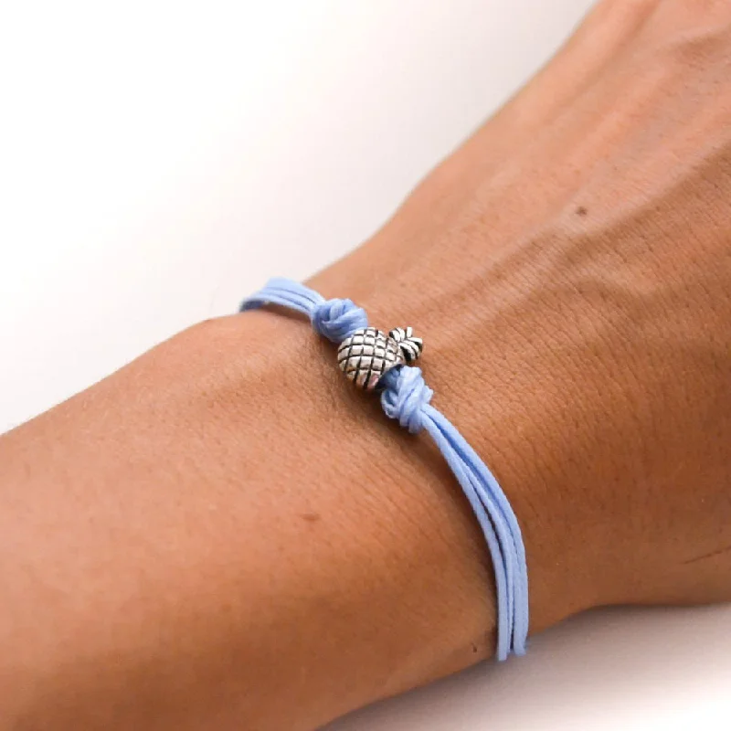 Ladies bracelets for online vibes -Silver Pineapple bead bracelet, light blue cord, gift for her