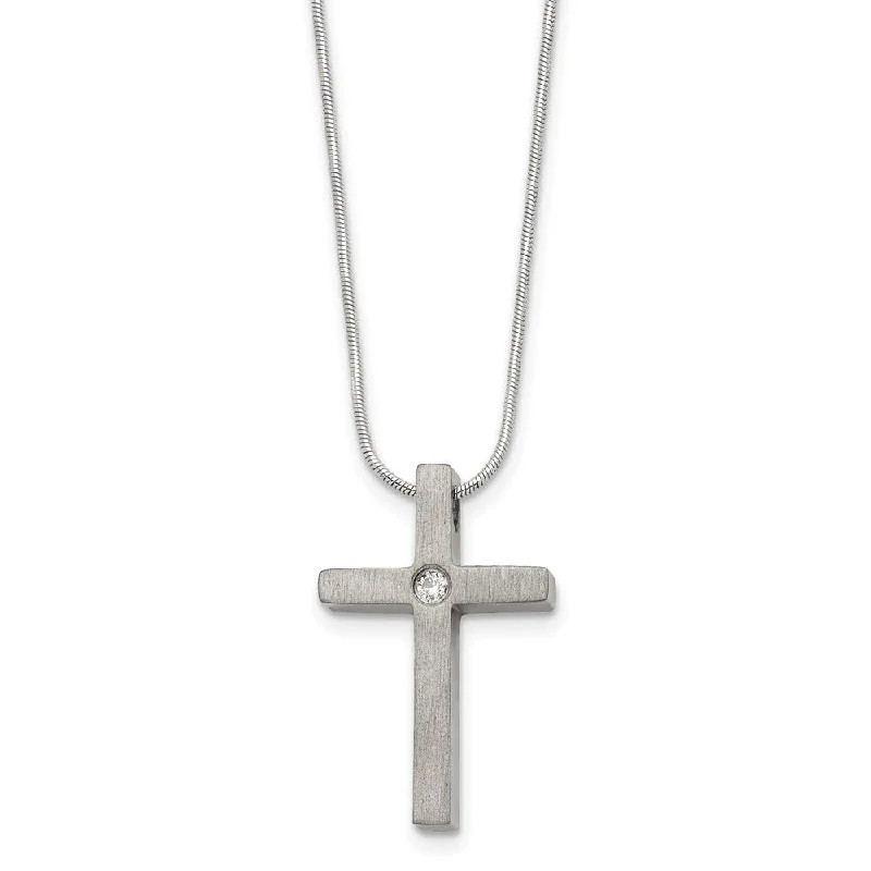 Ladies necklaces chic chains -Women's Titanium, Stainless Steel & CZ Brushed Cross Necklace, 18 Inch