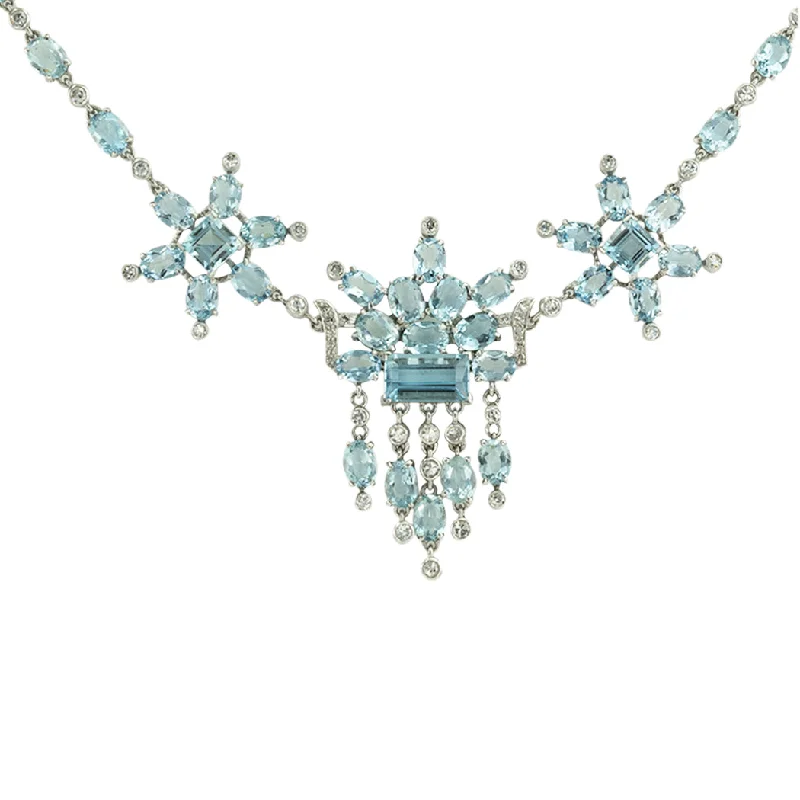 ladies-pear-cut-silver-rings-Aquamarine Diamond Platinum Fringe Necklace Circa 1950s