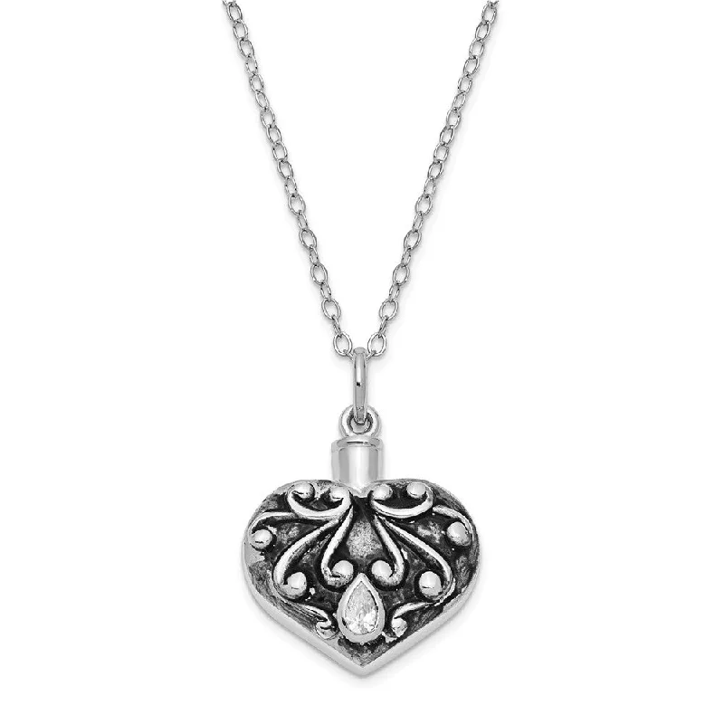 Ladies necklaces for prom nights -Rhodium Plated Sterling Silver & CZ Heart Ash Holder Necklace, 18 Inch