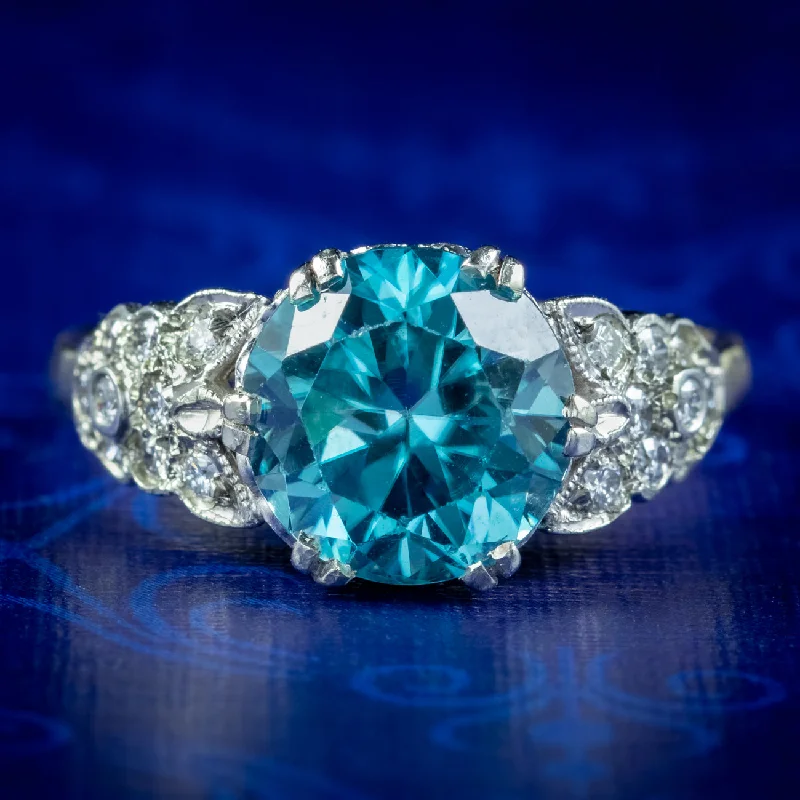 ladies-asscher-cut-pearl-rings-Antique Edwardian Blue Zircon Diamond Ring 3.6ct Zircon