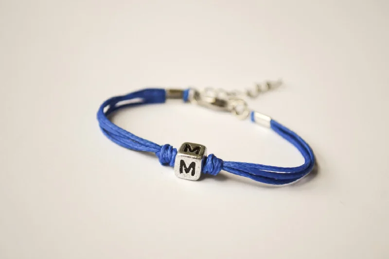 Ladies bracelets platinum shine -Blue cord bracelet for children with silver tone initial charm