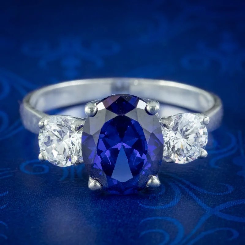 ladies-round-sapphire-rings-Victorian Style CZ Tanzanite Trilogy Ring Silver