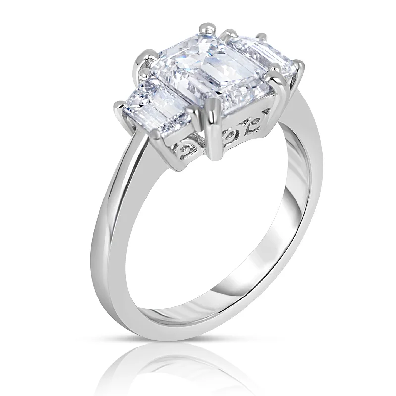 engagement-handmade-diamond-ring-Emerald Cut Diamond Engagement Ring with Trapezoid Side Diamonds in Platinum