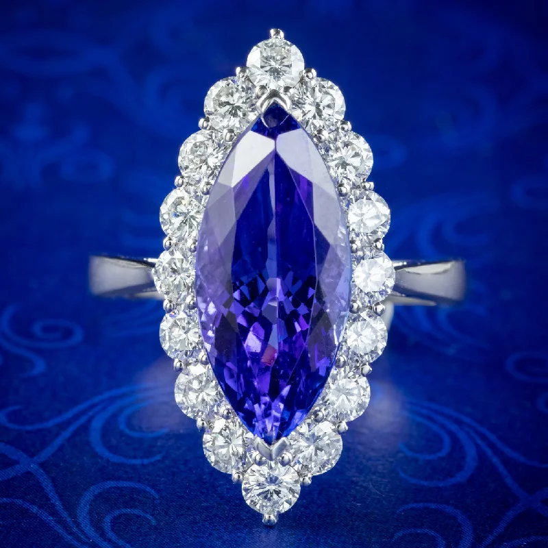 ladies-ruby-three-stone-rings-Vintage Tanzanite Diamond Navette Ring 5.53ct AAA Tanzanite 1.83ct Diamond With Valuation