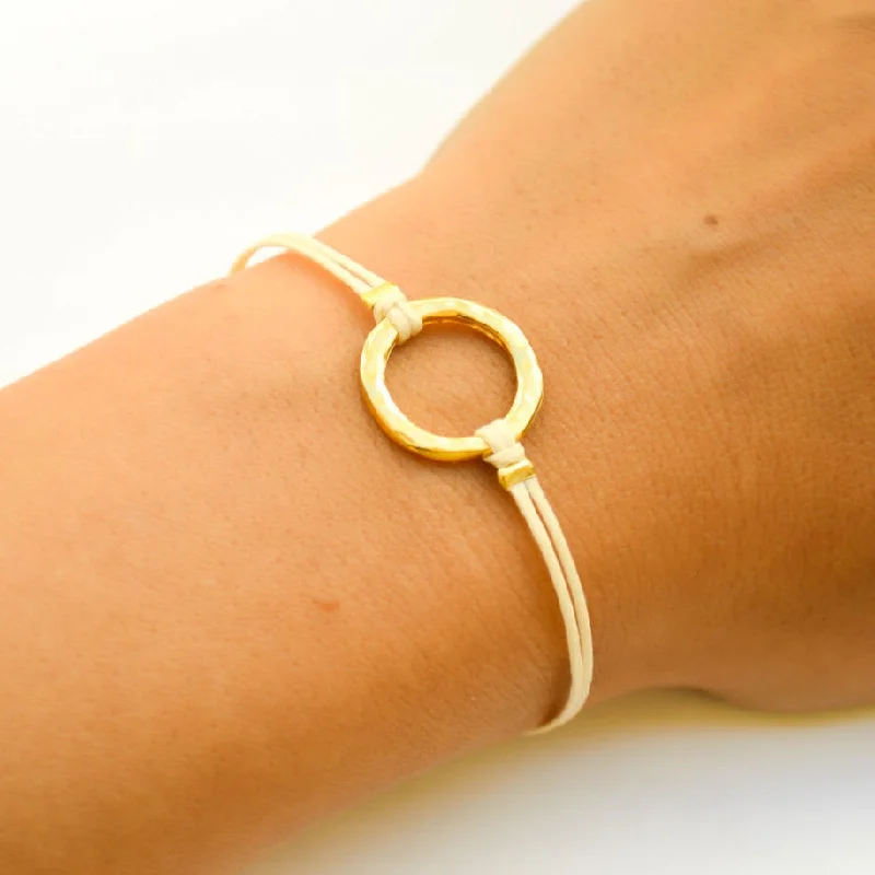 Ladies bracelets chic flair -Karma bracelet for women, gold circle and beige cord, yoga jewelry