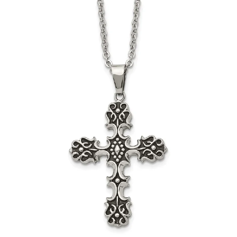 Ladies necklaces for dreamers -Stainless Steel Antiqued Ornate Cross Necklace, 22 Inch