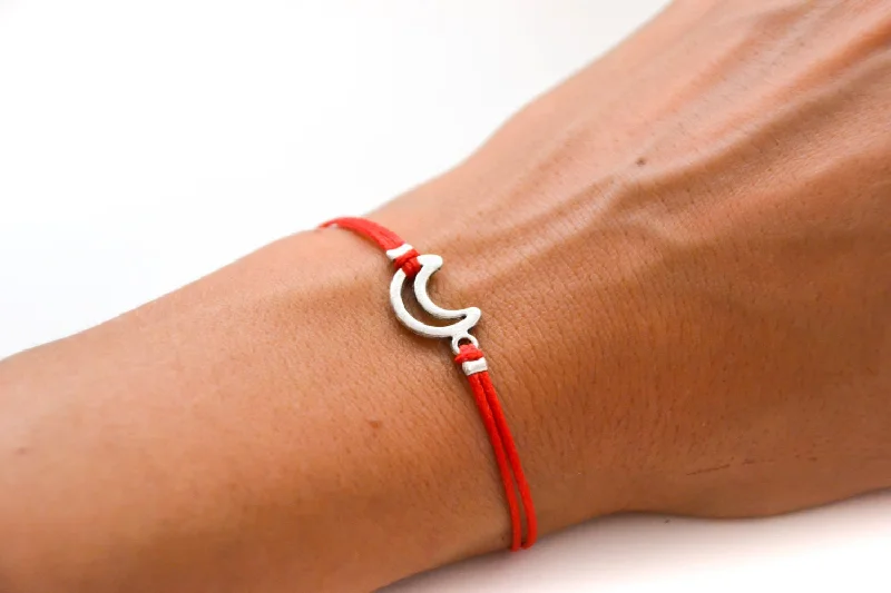 Ladies bracelets with shadow moonstone -Red cord bracelet with a silver crescent moon charm, gift for her