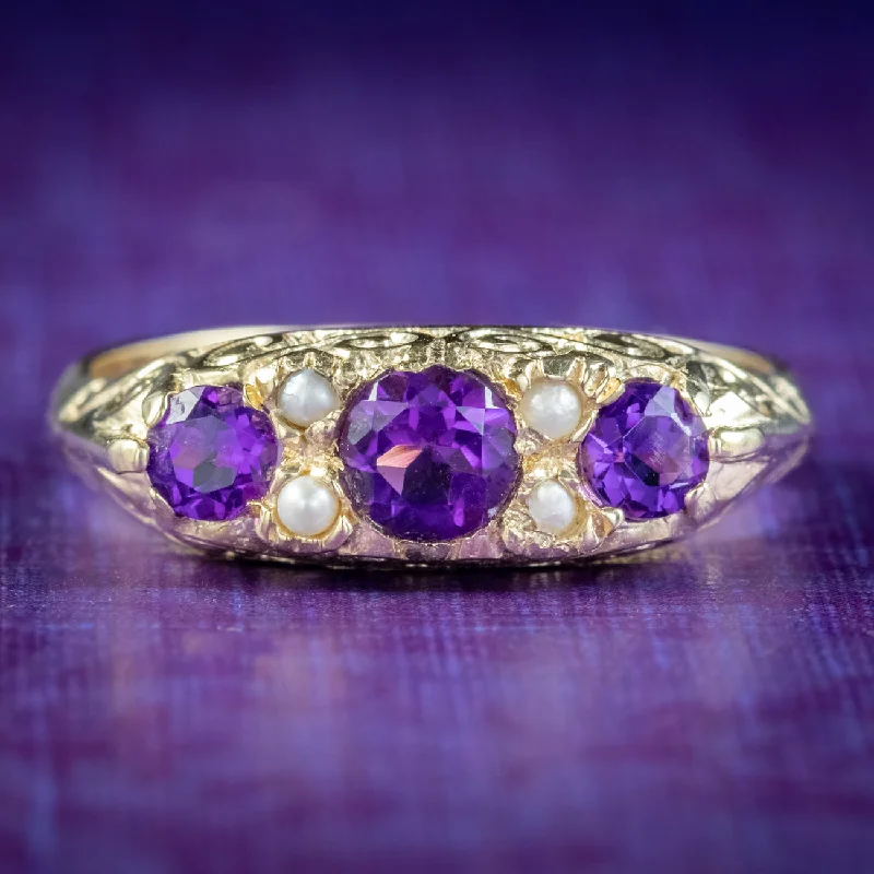 ladies-pear-cut-platinum-rings-Victorian Style Amethyst Pearl Ring 9ct Gold