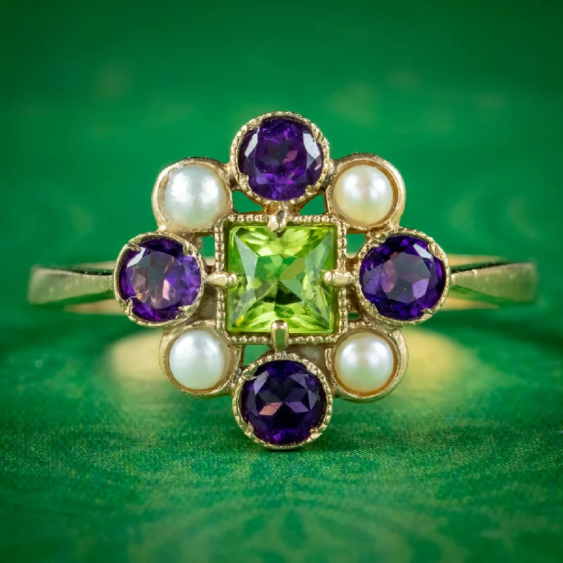 ladies-sapphire-halo-rings-Edwardian Suffragette Style Cluster Ring with Peridot Amethyst Pearl