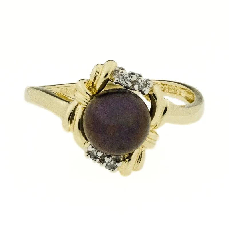 ladies-wedding-pearl-rings-6.7mm Black Pearl and Diamond Accents Ring in 14K Two-Tone Gold - Size 6