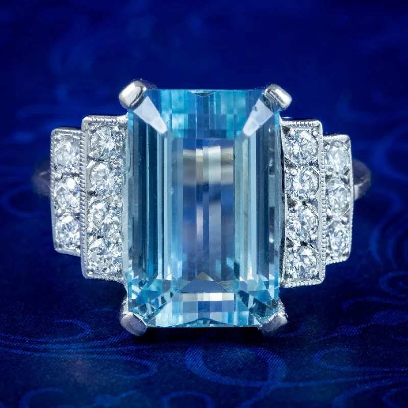 ladies-elegant-sapphire-rings-Vintage Aquamarine Diamond Ring 6ct Aqua Dated 1950