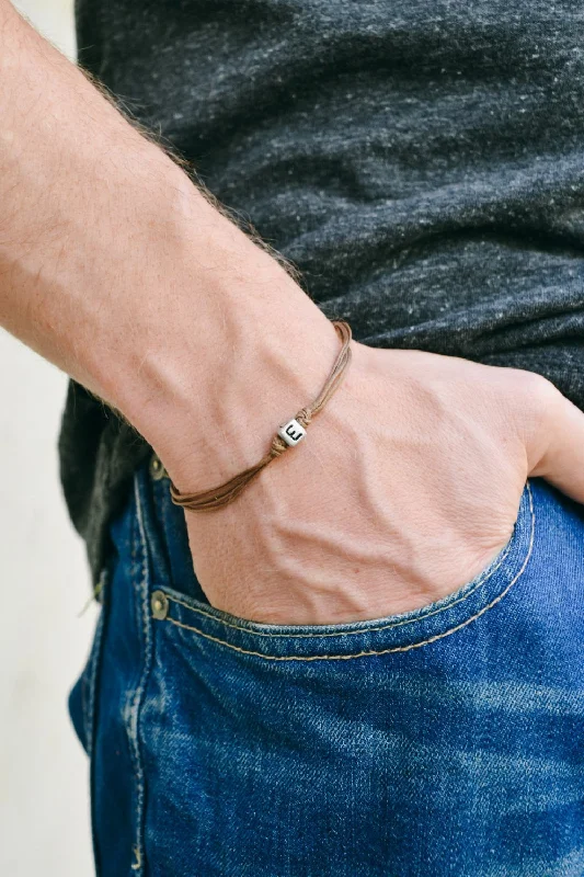 Ladies bracelets chic elegance -Initial bracelet for men, brown cord, silver letter bead, custom gift for him