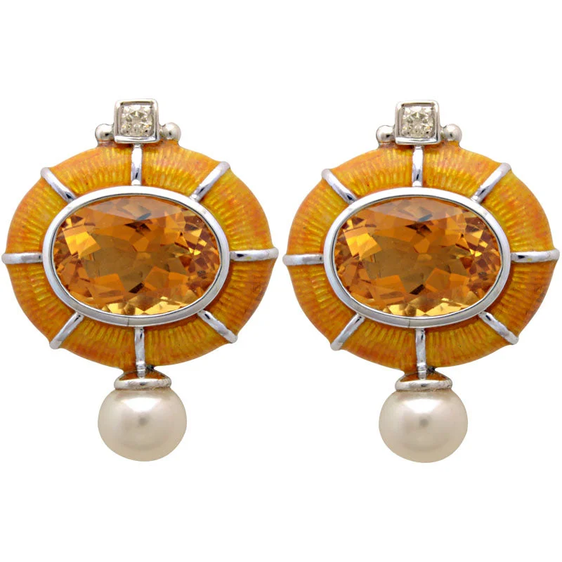 ladies-pearl-hoop-earrings-Earrings-Citrine, Fresh Water Pearl and Diamond (Enamel)