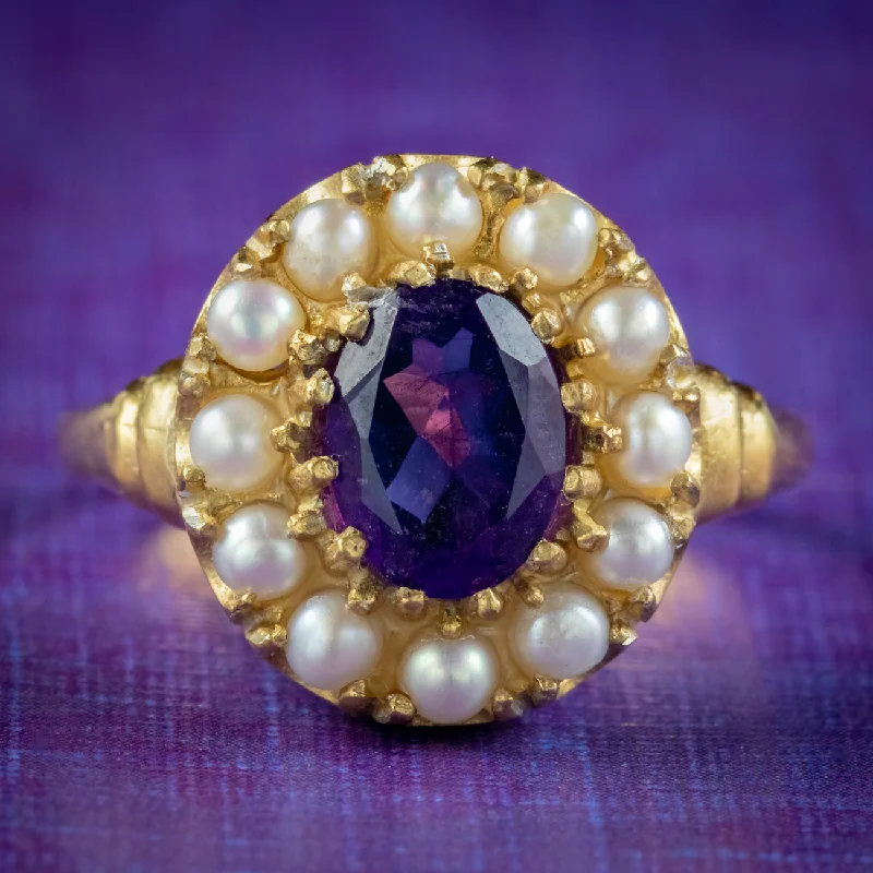 ladies-princess-cut-sapphire-rings-Victorian Style Amethyst Pearl Cluster Ring 1.60ct Amethyst