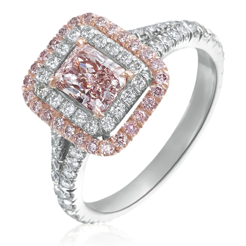 engagement-silver-twist-ring-Fancy Pink Rectangle .76 Carat GIA Diamond Double Halo Platinum & 14K Engagement Ring