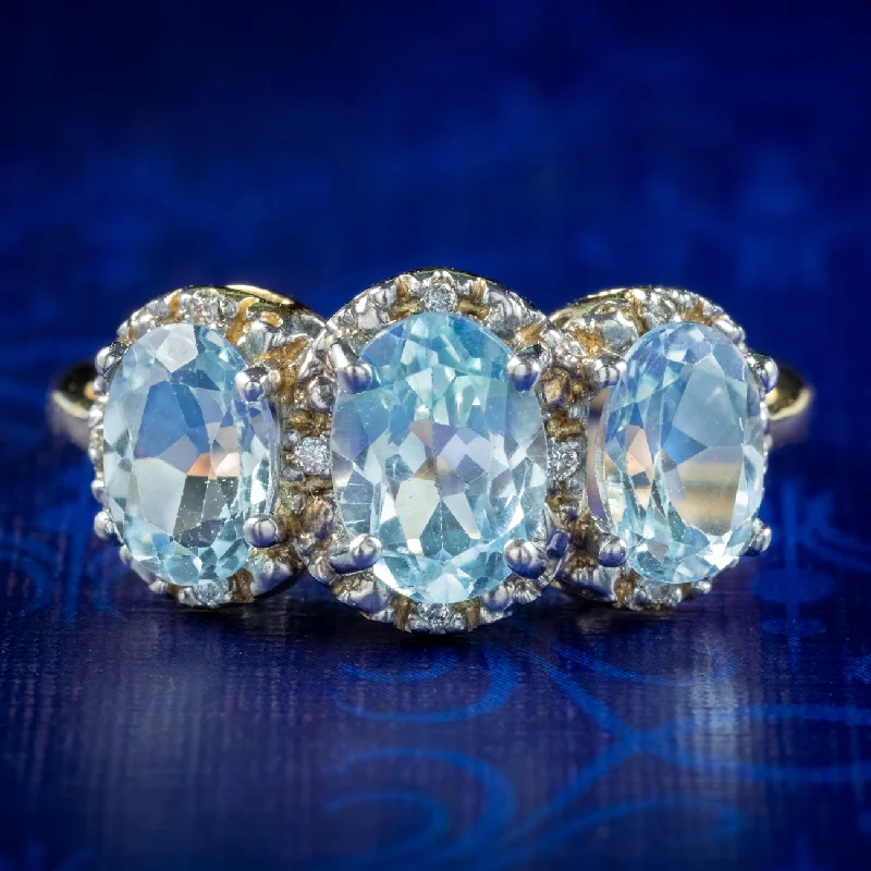 ladies-rose-gold-classic-rings-Victorian Style Blue Topaz Diamond Trilogy Gold Ring