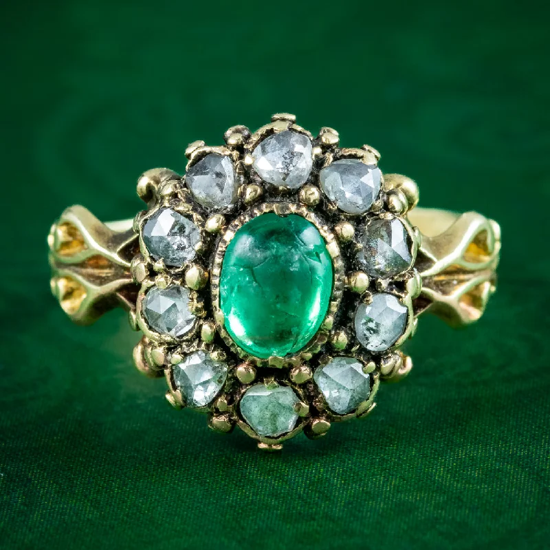 ladies-silver-band-rings-Antique Georgian Emerald Diamond Cluster Ring