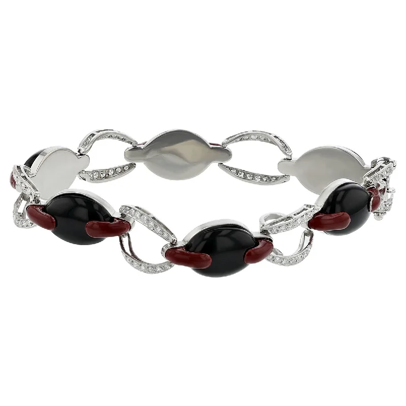 Ladies bracelets glowing finish -Black Onyx, Red Enamel and Diamond Link Bracelet