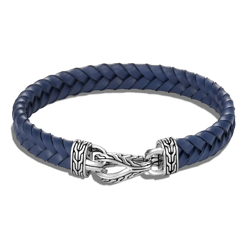 Ladies bracelets cool bands -Asli Classic Chain Link Silver Bracelet on Blue Braided Leather