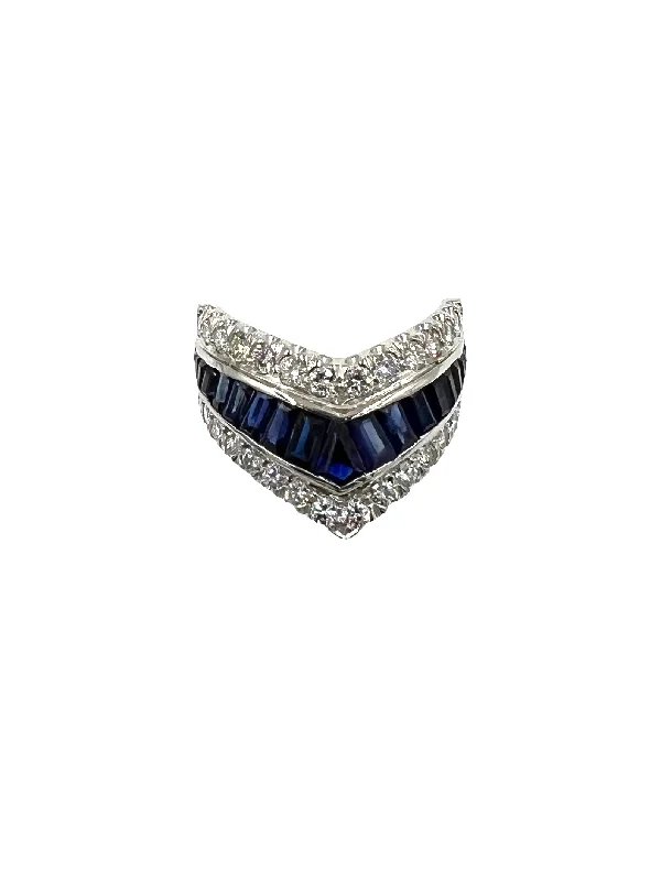 ladies-pear-cut-gold-rings-Vintage Chevron Sapphire Diamond Platinum Band Ring