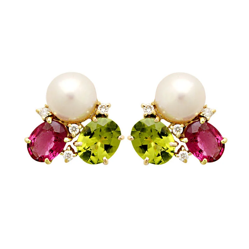 ladies-wedding-gold-earrings-Earrings-Rubellite, Peridot, South Sea Pearl and Diamond