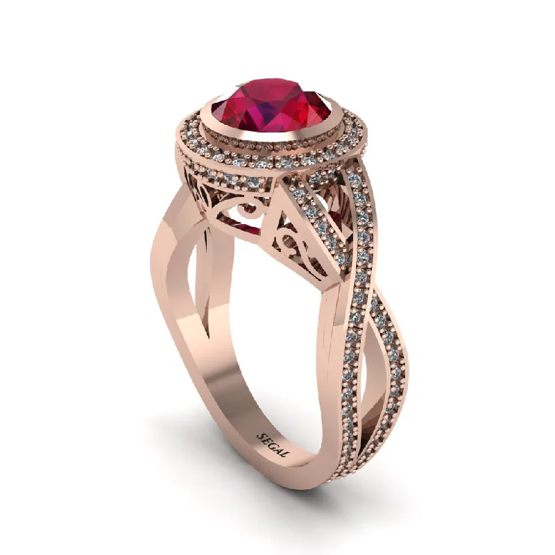 engagement-gold-filigree-ring-Ruby Filigree Halo Twist Shank Engagement Ring - Wren No. 11