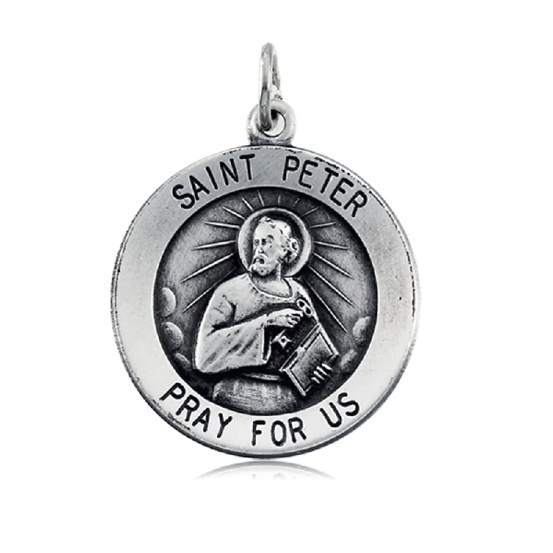 Ladies necklaces for artists -Sterling Silver 18mm St. Peter Medal Necklace, 18 Inch