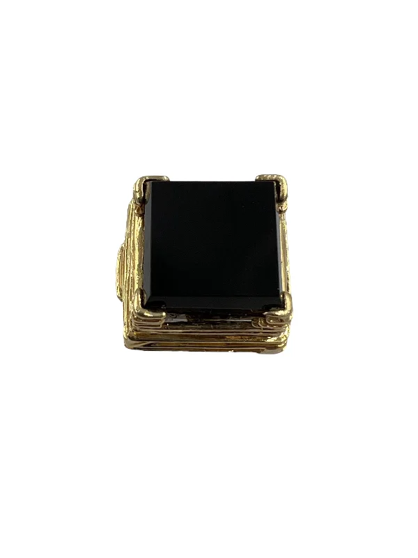 ladies-white-gold-modern-rings-Black Onyx Square 14k Yellow Gold Ring By Goldmaster Circa 1970