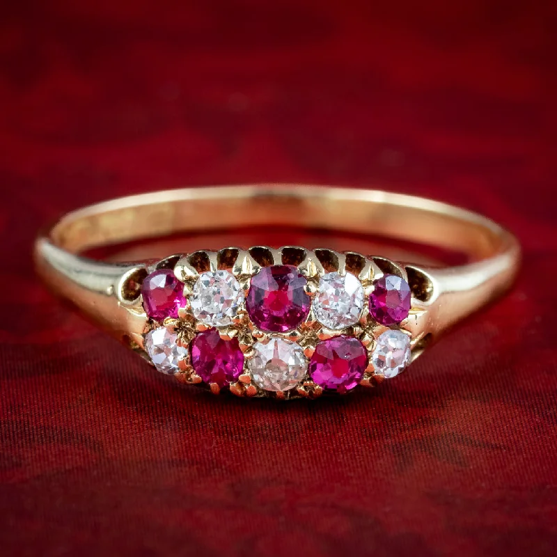 ladies-round-gold-rings-Antique Victorian Ruby Diamond Checkerboard Cluster Ring Dated 1888