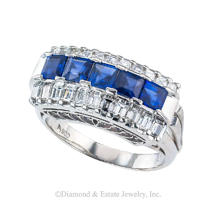 ladies-silver-classic-rings-Estate Blue Sapphire Baguette Diamond Platinum Ring Band