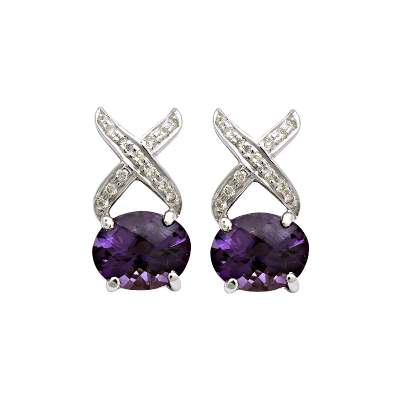 ladies-sterling-silver-drop-earrings-Earrings-Amethyst and Diamond