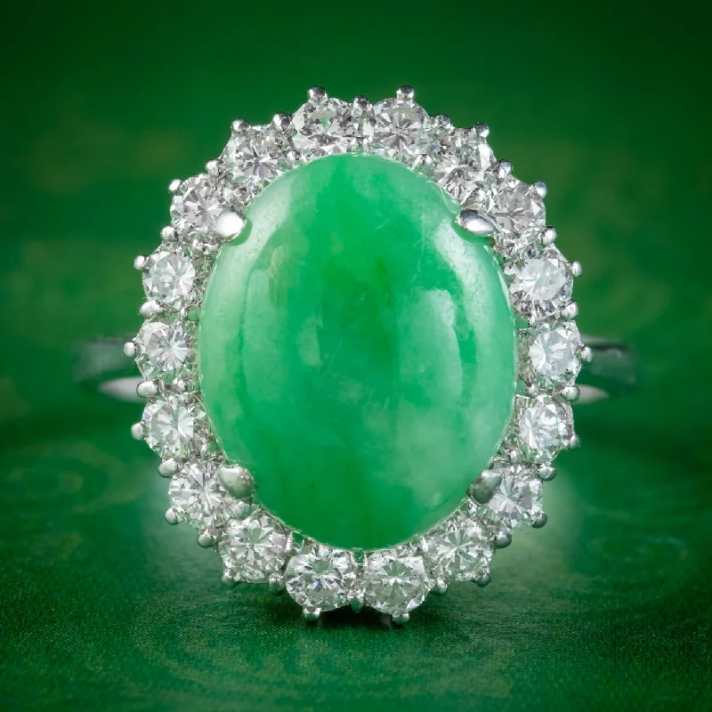 ladies-custom-diamond-rings-Vintage Jade Diamond Cluster Ring 18ct White Gold 8ct Jade 1.50ct Of Diamond