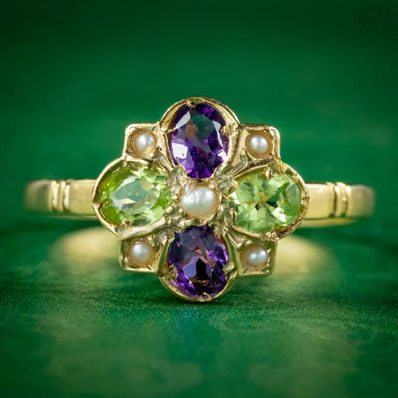 ladies-asscher-cut-platinum-rings-Edwardian Suffragette Style Cluster Ring Pearl Peridot Amethyst