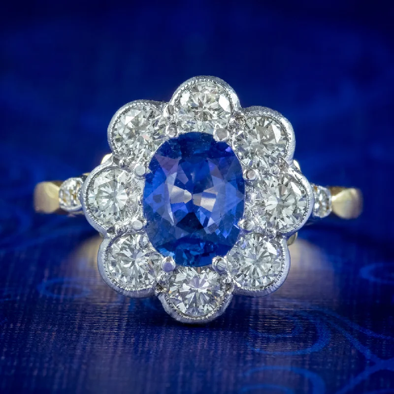 ladies-diamond-solitaire-rings-Edwardian Style Sapphire Diamond Daisy Cluster Ring 1.2ct Sapphire