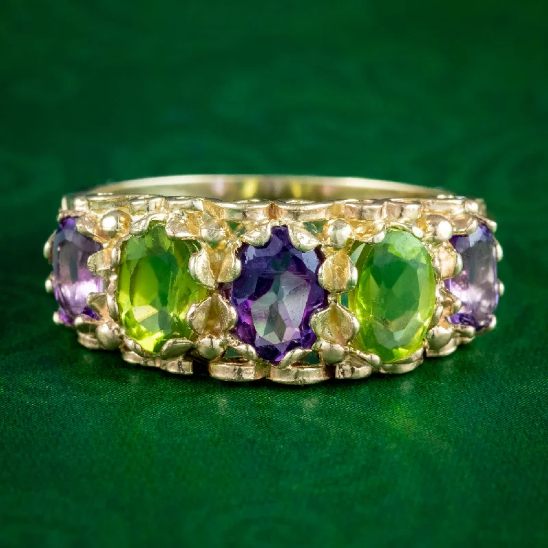 ladies-diamond-classic-rings-Edwardian Style Suffragette Amethyst Peridot Ring 9ct Gold