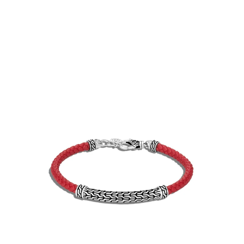 Ladies bracelets dramatic flair -Classic Chain Silver Station Bracelet on Red Woven Leather