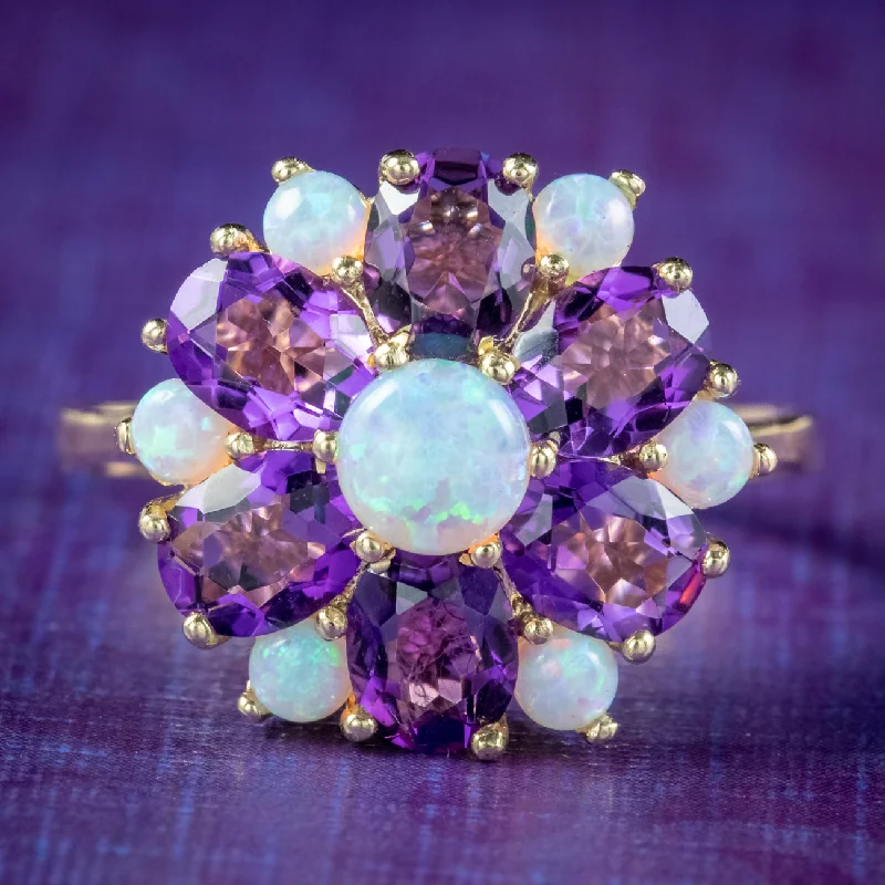 ladies-platinum-unique-rings-Victorian Style Amethyst Opal Flower Cluster Ring 9ct Gold