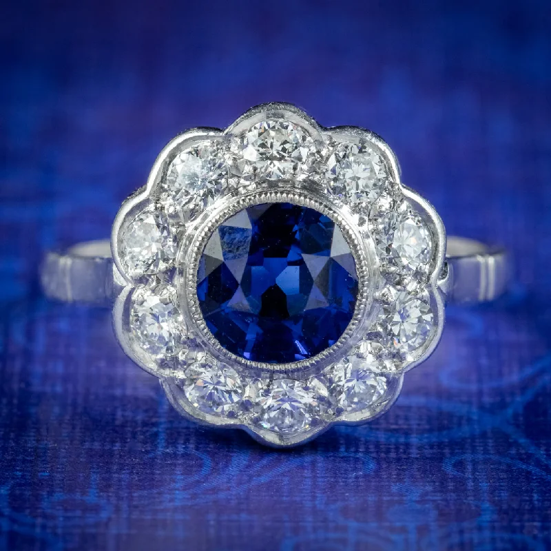 ladies-emerald-cut-diamond-rings-Antique Edwardian Sapphire Diamond Cluster Ring 1.25ct Sapphire Circa 1910