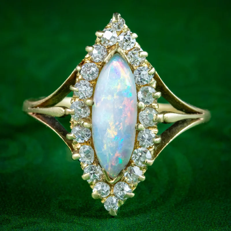 ladies-wedding-diamond-rings-Antique Victorian Opal Diamond Navette Cluster Ring 1ct Opal