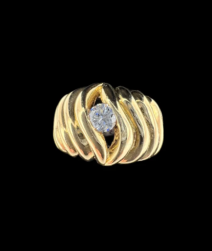 ladies-initial-rose-gold-rings-1970s Fluted Semi Dome Diamond Yellow Gold Solitaire Ring