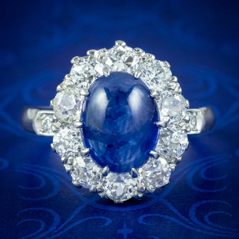 ladies-silver-halo-rings-Victorian Style Blue Sapphire Diamond Cluster Ring 4.12ct Cabochon With Cert