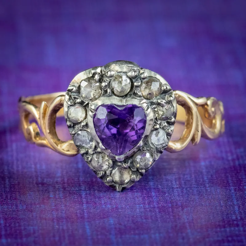 ladies-silver-band-rings-Georgian Style Amethyst Diamond Heart Ring