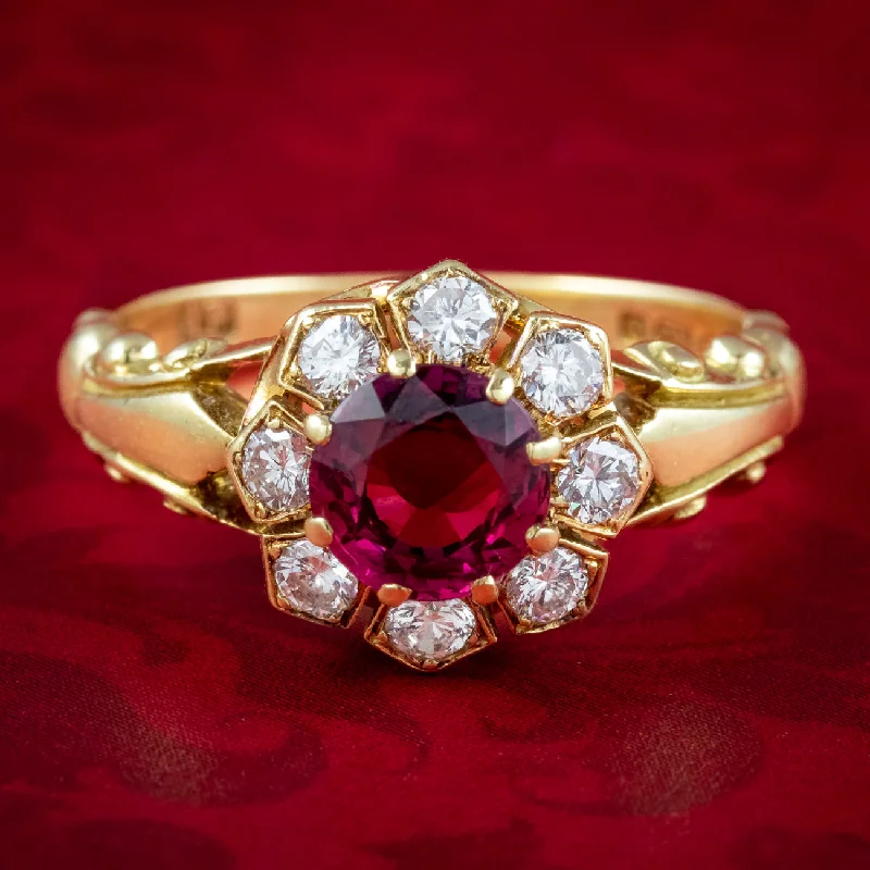 ladies-initial-gold-rings-Vintage Ruby Diamond Cluster Ring Natural 1.13ct Ruby Dated 1977 With Cert