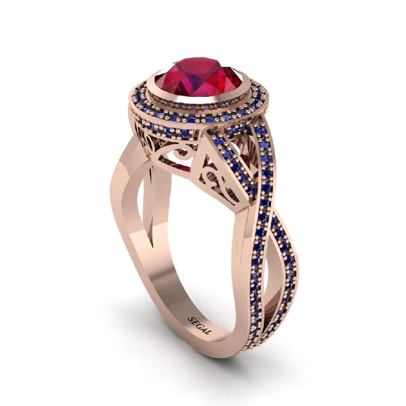 engagement-white-gold-cluster-ring-Ruby Filigree Halo Twist Shank Engagement Ring - Wren No. 71