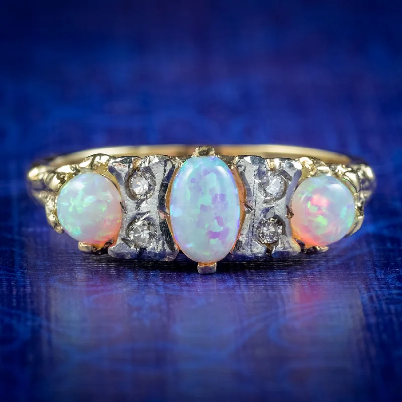 ladies-radiant-cut-platinum-rings-Victorian Style Opal Diamond Ring 0.80ct Of Opal